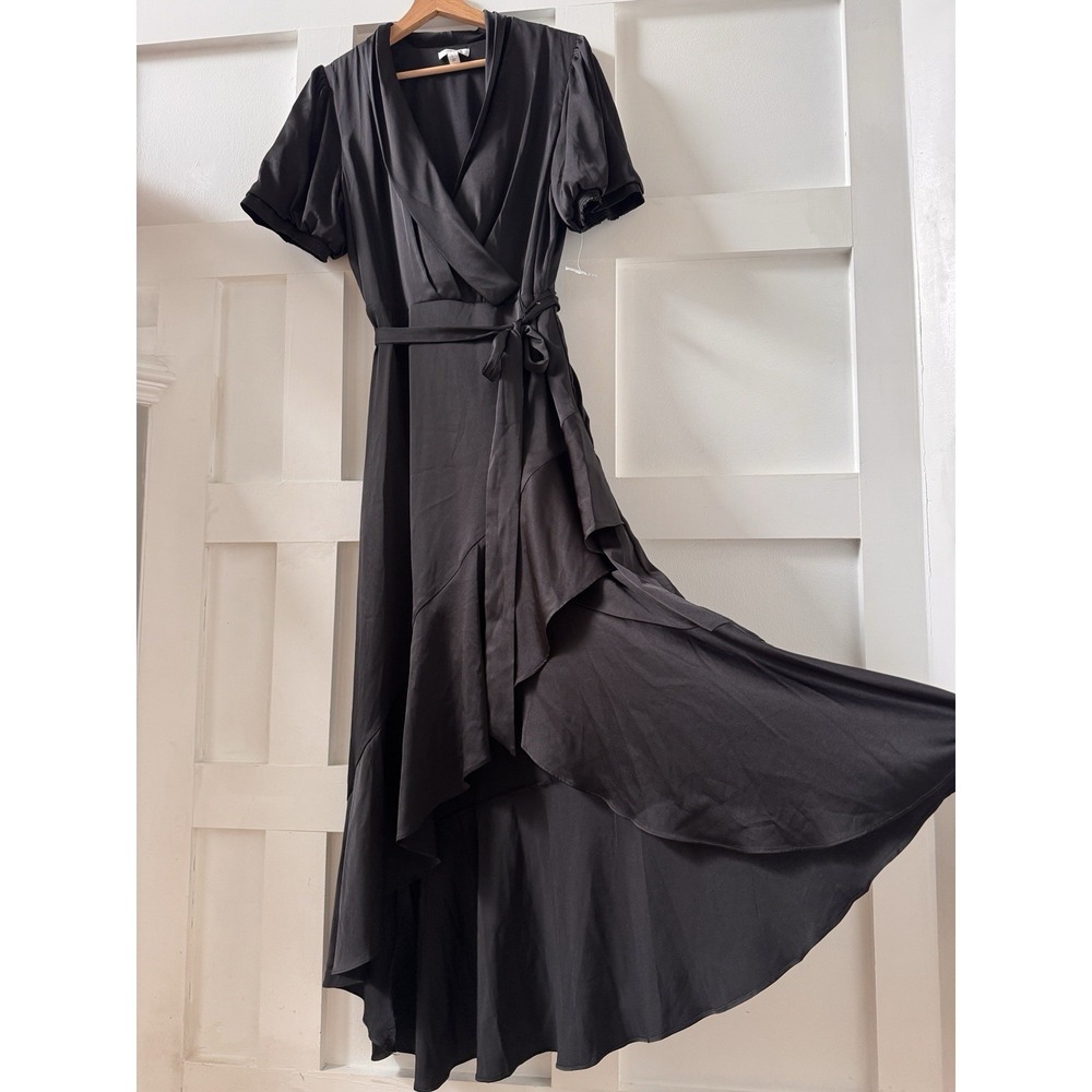 Nine West Wrap Dress Large Black Satin Ruffle High Low Maxi Evening Party Flirty